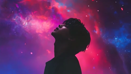 Silhouetted profile against magenta and cyan cosmic nebula field.