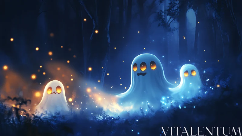 Friendly glowing ghosts wandering through a moonlit forest.