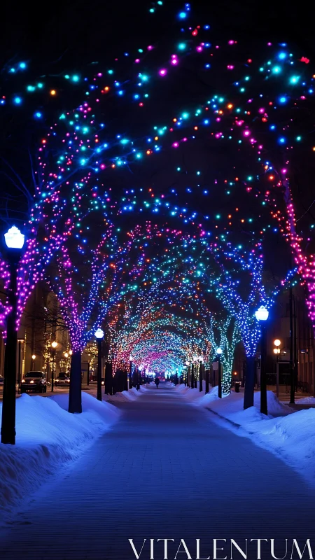 Winter avenue beneath cascading multicolor light canopy.