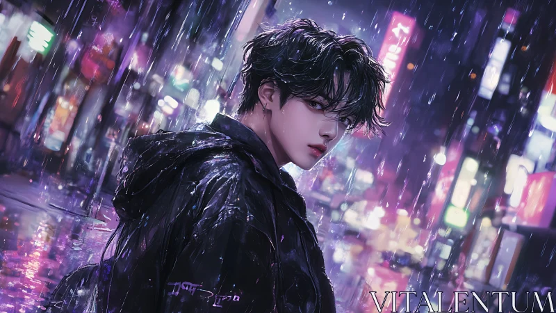 Rain-soaked city lights embrace a quiet, thoughtful wanderer