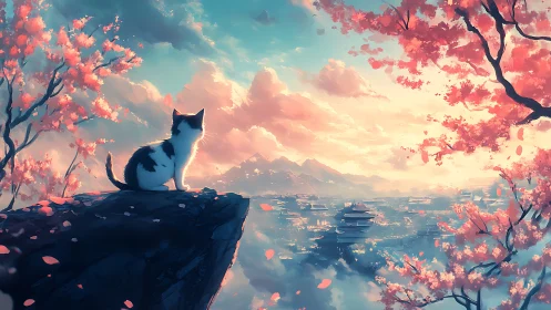 Curious cat watching a dreamy sunrise over a quiet city.