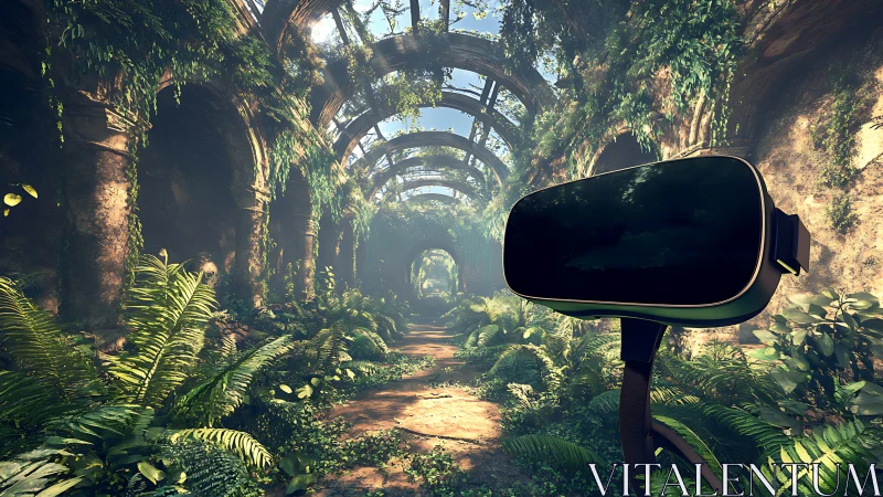 VR headset amid overgrown stone arcade in lush daylight ruin