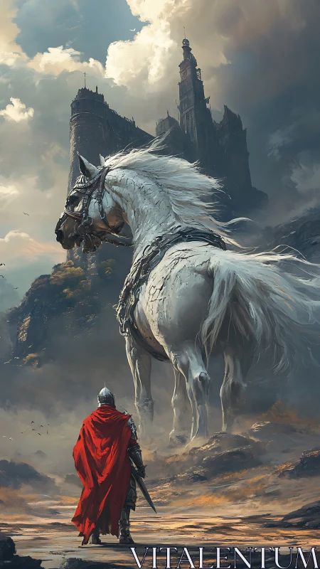 Knight confronts towering spectral warhorse below storm citadel.