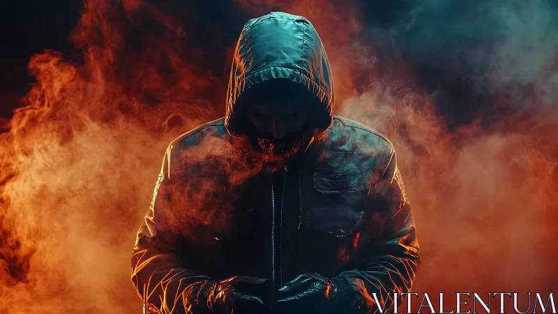 Hooded figure stands in dense orange and teal smoke