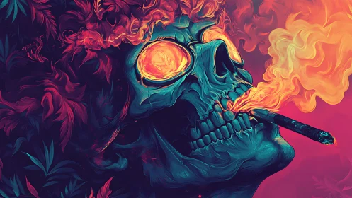 Flaming skull daydream in swirling neon smoke and shadow.