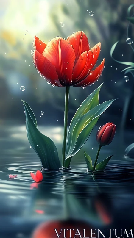 Red tulip and bud rising from calm reflective water.