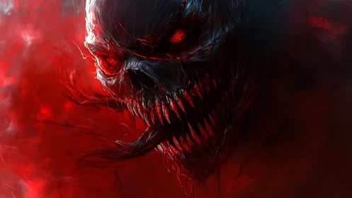 Demonic skull emerges from blood-red void in blazing rage