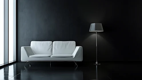 Minimalist black interior shows white sofa and floor lamp