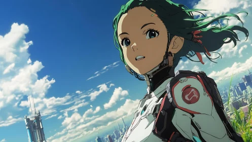 Cyborg scout surveys futuristic city beneath vivid sky