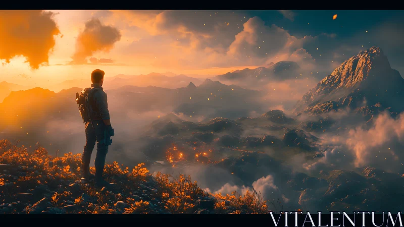 Lone explorer watches a blazing sunrise over misty peaks.