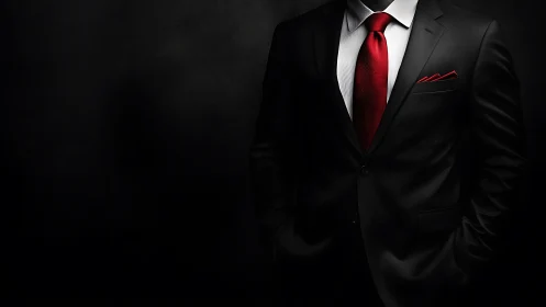 Professional Businessman in Black Suit and Red Tie Against Dark Background