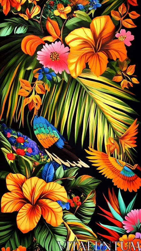 Vibrant tropical flowers and parrots on deep black background.