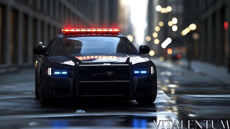 Rain-slick patrol car blazes through a brooding city street.