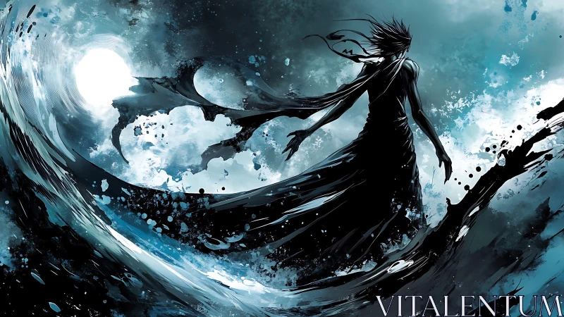 Shadow figure commands storm waves under cold moon.