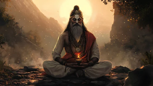 Himalayan sage in lotus pose with sacred flame, sunset backlight