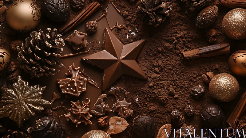 Chocolate star centerpiece rests among cocoa and ornaments