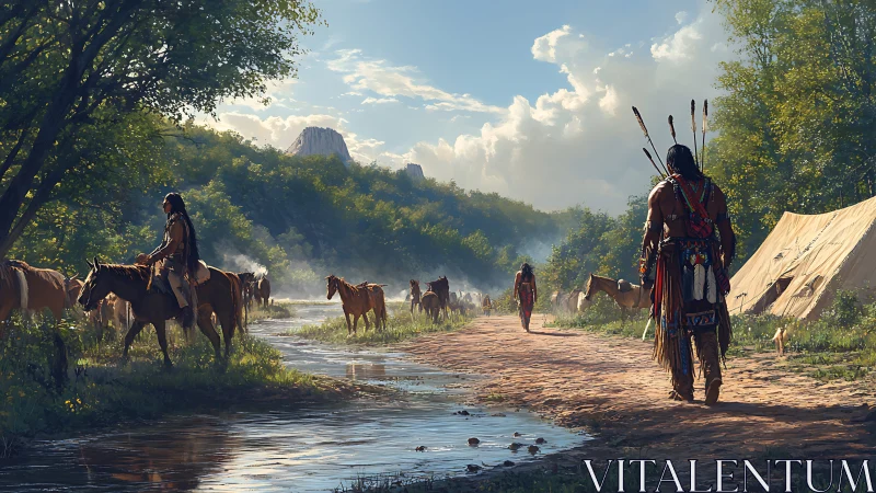 Indigenous riders follow river trail beside forest encampment