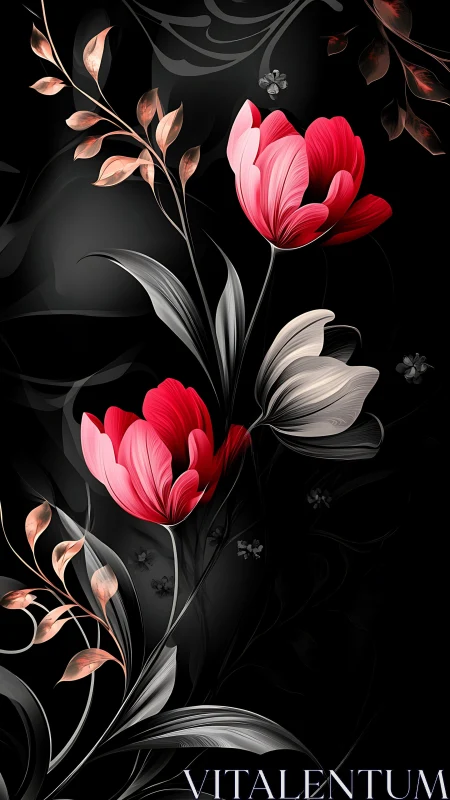 Red Tulips on Black. Digital Floral Art.