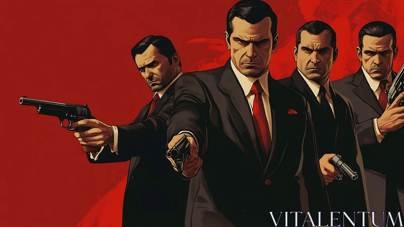 Four suited gunmen aligned against a red monochrome backdrop.