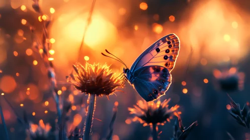 Butterfly rests on flower against intense backlit sunset bokeh