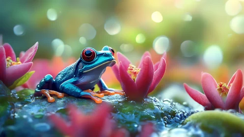Blue tree frog on wet moss among small red flowers.