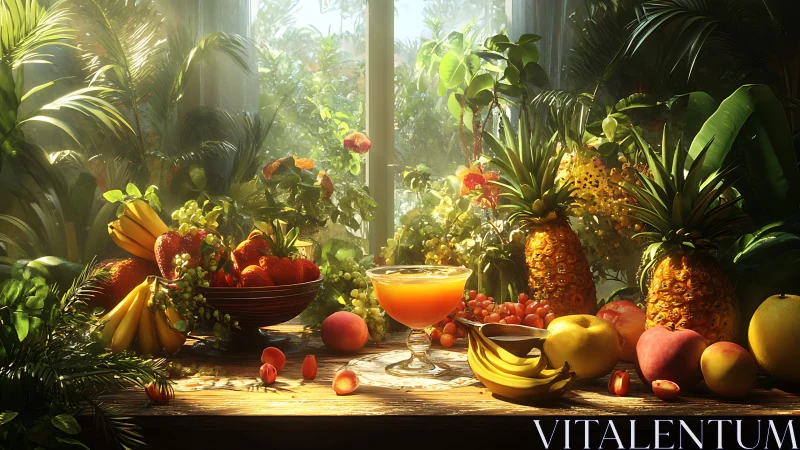 Sunlit tropical still life arranges ripe fruit with volumetric light