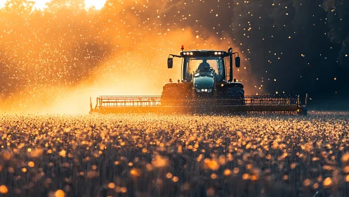 Modern farm tractor harvesting field in golden evening light.