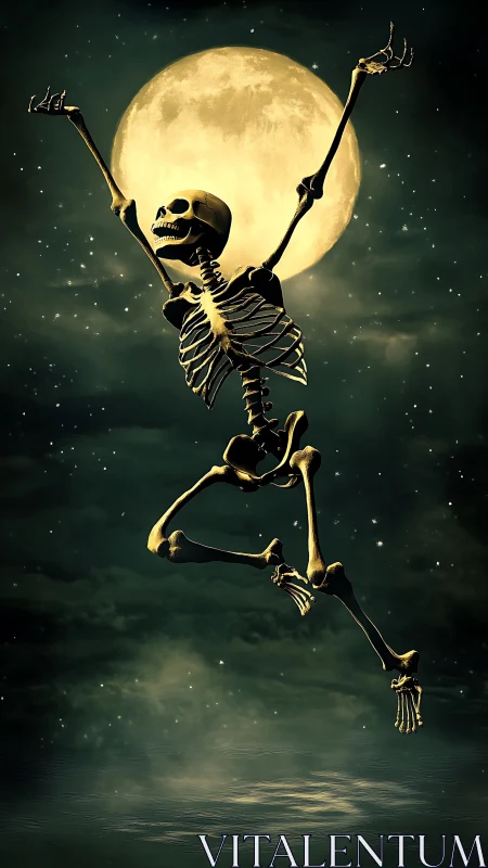 Leaping articulated skeleton silhouetted against luminous full moon