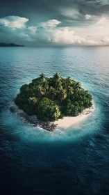 Solitary tropical island surrounded by turquoise waters beneath cloudy skies