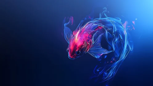 Neon koi fish glows within deep blue abstract water