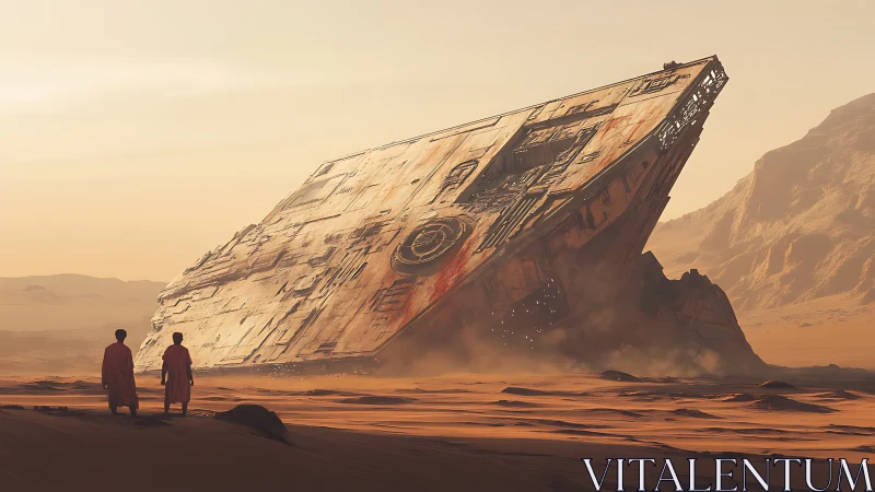 Massive starship wreck dominates windswept desert horizon.