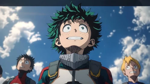 Sky-struck green-haired hero gazes into bright tomorrow.