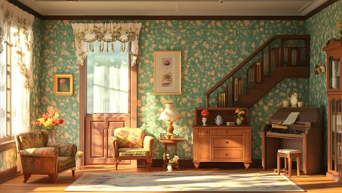 Sunlit floral parlor where vintage melodies softly linger.