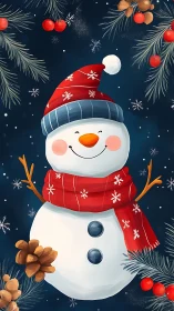Snowman illustration with winter foliage and dark sky.