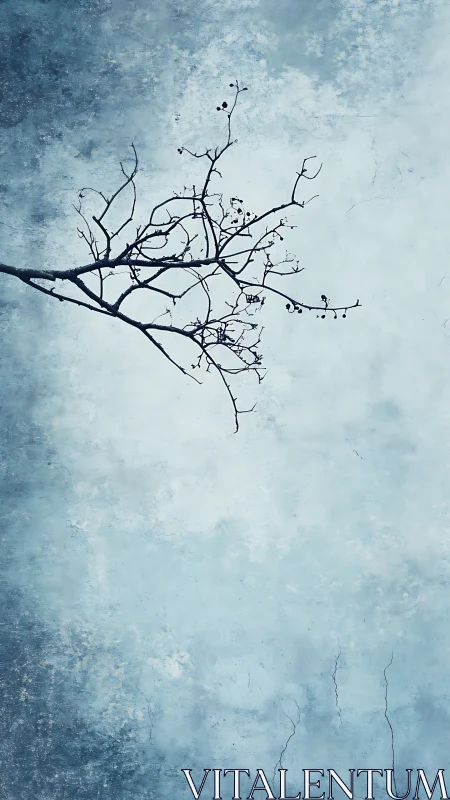 Minimalist winter branch intersects textured icy sky field