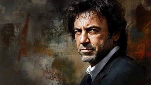 Textured digital portrait of intense man with abstract ground.