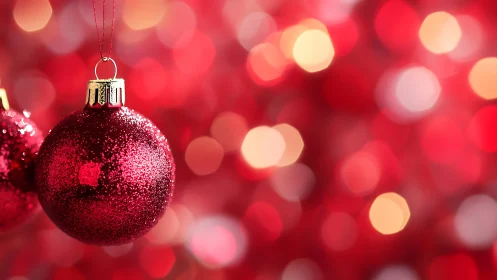 Glittered red Christmas bauble amid soft festive bokeh.