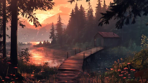 Sunset light spills across lakeside forest bridge and cabin.