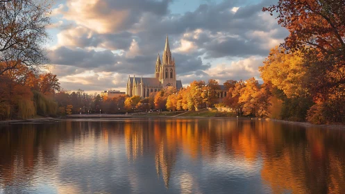 Gothic-style cathedral beyond lake with autumn tree line.