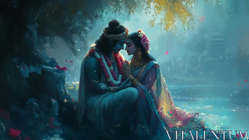 Divine Romance: Digital Painting of Lovers in Ethereal Temple Setting.