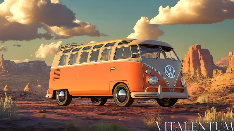 Vintage orange VW microbus crosses sunlit desert plateau