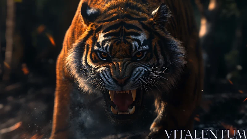 Snarling tiger charge under dramatic forest shadows.
