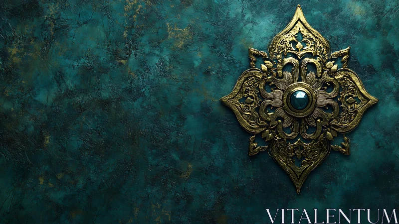 Ornate golden medallion glowing on rich teal stone wall.