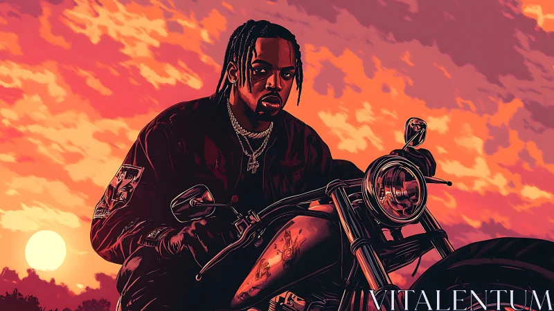 Digital painting of biker portrait against neon sunset sky.