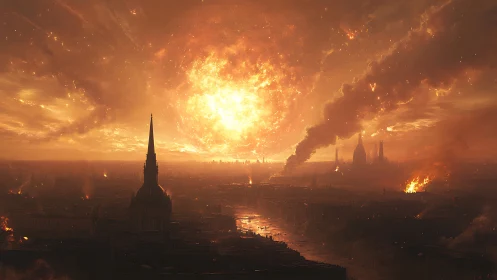 Cathedral spires silhouette as a dying sun devours the sky