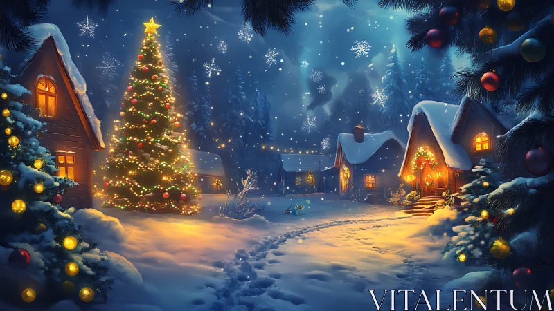 Snow-covered village with illuminated outdoor Christmas tree.