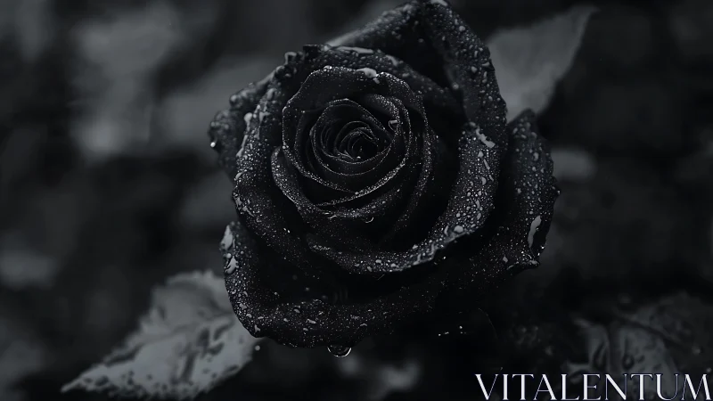 Black rose macro shows water droplets on velvety petals