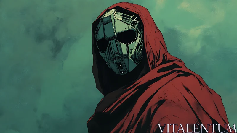 Mysterious hooded figure gazes out behind a metal mask