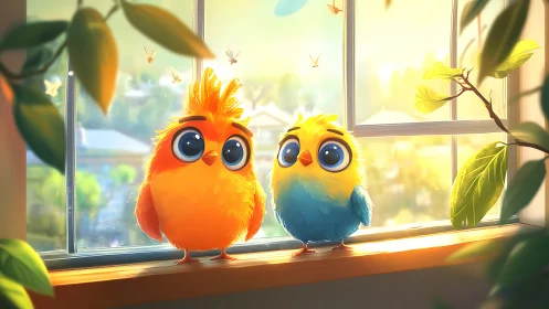 Two Cute Cartoon Birds on Sunlit Window Ledge, Whimsical Style.