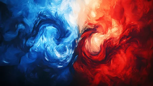 Blue and red swirling energy vortexes in abstract clash.